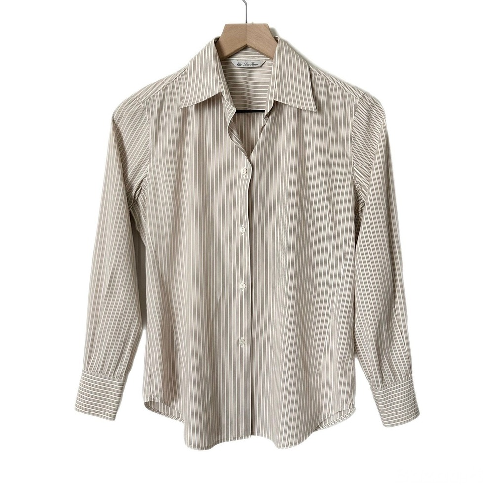 Loro Piana Tan White Striped Cotton Blend Button Down Shirt Size 40 IT Small